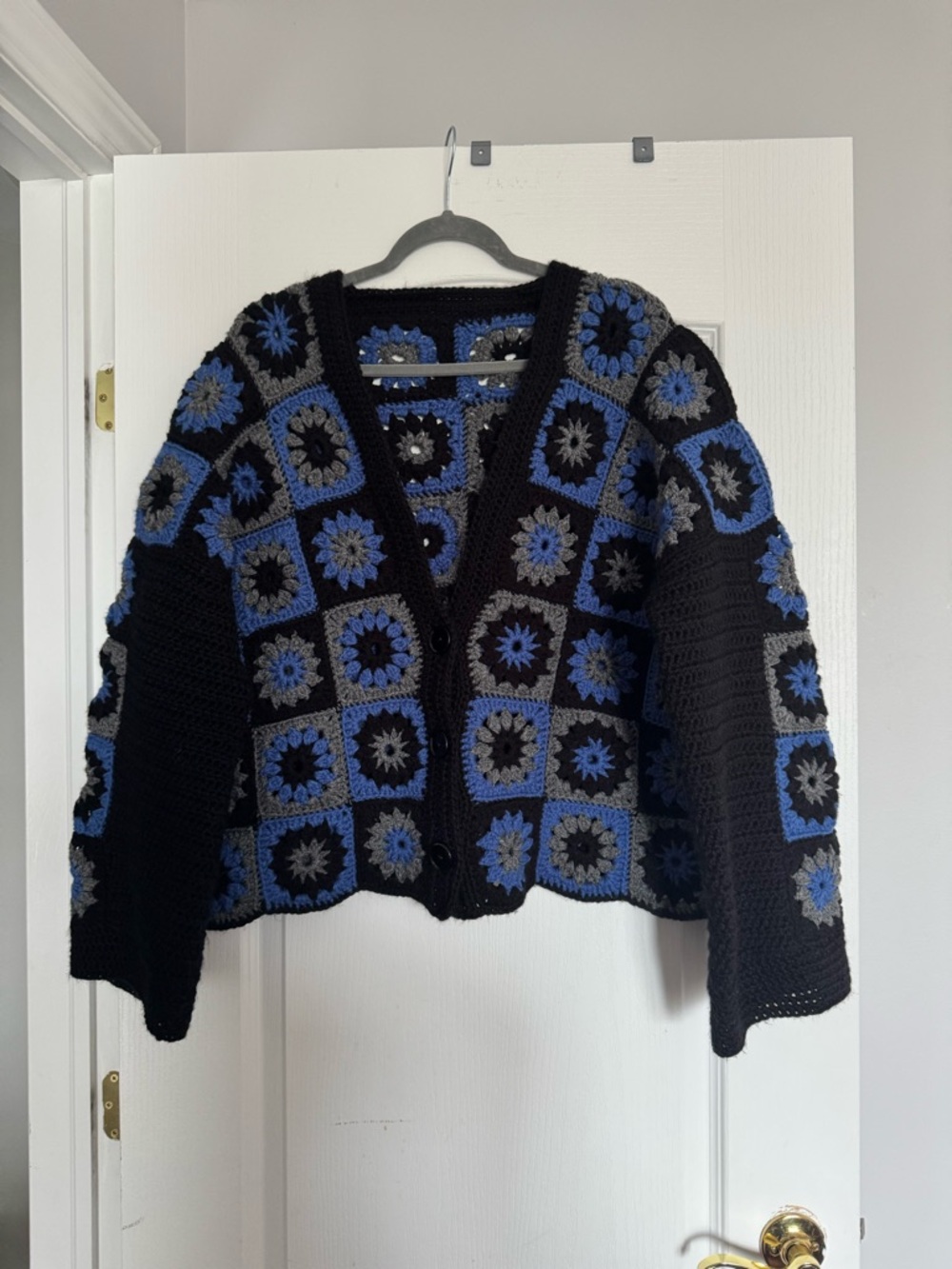 Hand Crafted Black Crochet Patchwork Cardigan with Blue and Gray Motifs. Ptp 27